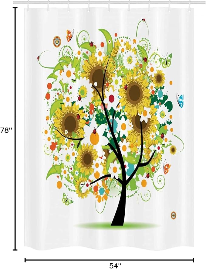 Ambesonne Sunflower Stall Shower Curtain, Floral Tree with Daisies Sunflowers Butterflies Ladybugs Spring Fantasy Joyful, Fabric Bathroom Decor Set with Hooks, 54" W x 78" L, Green Black