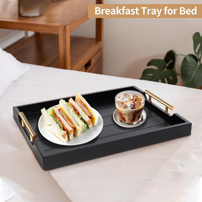 SXNOWS Wooden Serving Tray with 2 Sets of Handles,Black | Rectangle 16.5x13 Inch Ottoman Decorative Tray for Coffee Table Kitchen Bar Living Room Breakfast in Bed, 4 Coasters Included