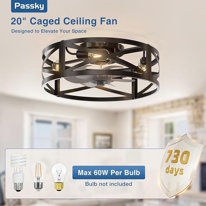 Passky 20" Farmhouse Flush Mount Ceiling Fans with Lights and Remote, Industrial Black Caged Low Profile Fandelier, 6 Speeds Bladeless Ceiling Fan for Bedroom, Kitchen, Living Room