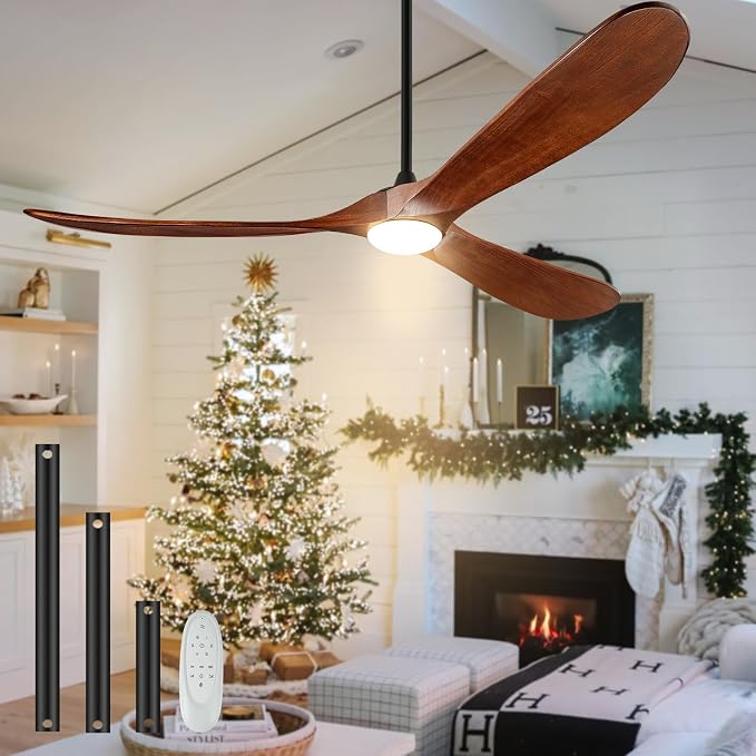 60" Outdoor Ceiling Fans with Lights and Remote Control, 3 Blade Ceiling Fan with Lights High CFM Quiet Wood Walnut Outdoor Fan, Propeller Ceiling Fan for Outdoor/Indoor/Patio,Deep Walnut