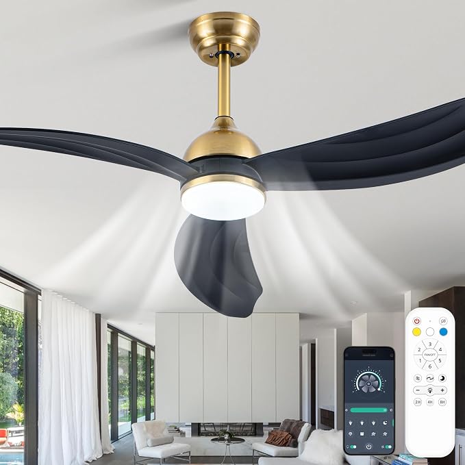 Bella Depot 52 Inch Black and Gold Ceiling Fan with Light, Modern Chandelier Ceiling Fan with Dimmable LED Light, Rustic Fandelier Fan with Quiet DC Motor for Living Room Bedroom