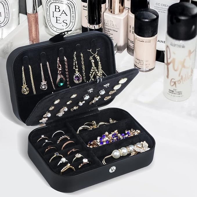 Hatori Travel Jewelry Box, PU Leather Small Jewelry Organizer for Women Girls, Double Layer Portable Mini Travel Case Display Storage Holder Boxes for Stud Earrings, Rings (Black02)