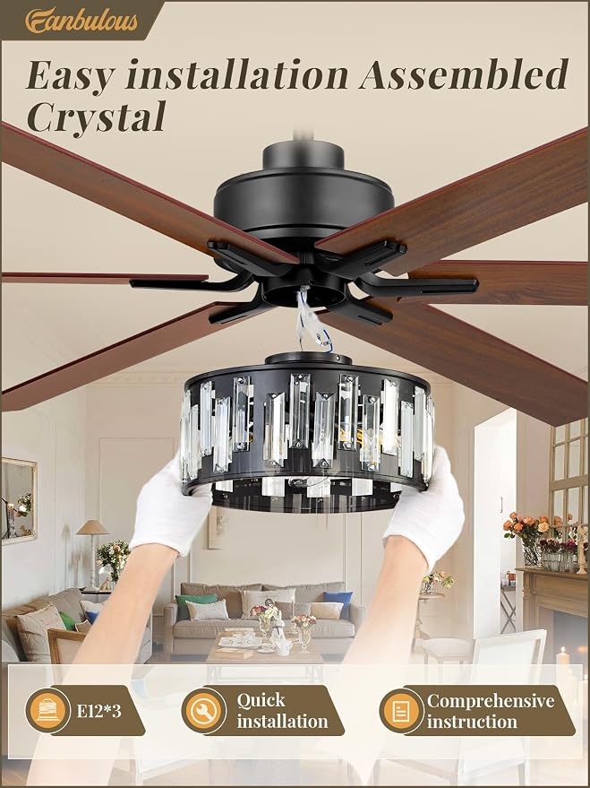 Fanbulous 65 Inch Farmhouse Crystal Ceiling Fan with Lights and Remote, Chandelier Ceiling Fan with Quiet Reversible DC Motor, Wood Blades - Ideal for Bedroom