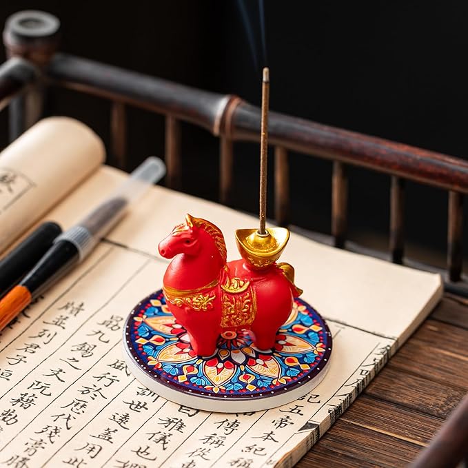 Horse Incense Burner-Resin Fortune Horse Incense Holder with Tray & Gift Box,Aromatherapy Decor for Yoga, Meditation,Home Office,Horse Lover Gift (Red)