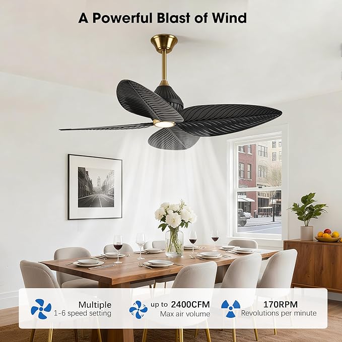 52" Tropical Ceiling Fans with Lights, Indoor Palm Leaf Ceiling Fan with Light and Remote for Living Room Bedroom, ABS Blades, Dimmable LED Lights, 6 Speeds, Adjustable Height-Black Gold