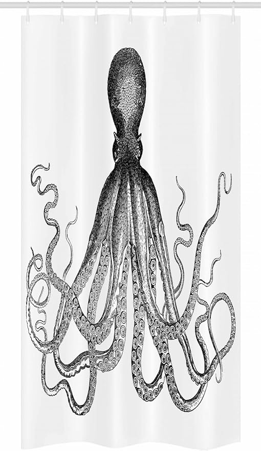 Ambesonne Nautical Stall Shower Curtain, Vintage Engraved Illustration of an Octopus Sea Creature Monochrome Art, Fabric Bathroom Decor Set with Hooks, 36" W x 72" L, Grey Black