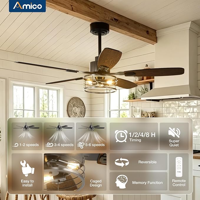 Amico 52 inch Ceiling Fans with Lights, Caged Ceiling Fan with Light and Remote Control, Dimmable, 3CCT, Quiet, Black Farmhouse Ceiling fan For Living Room, Patio, Bedroom, Kitchen, Indoor/Outdoor Use