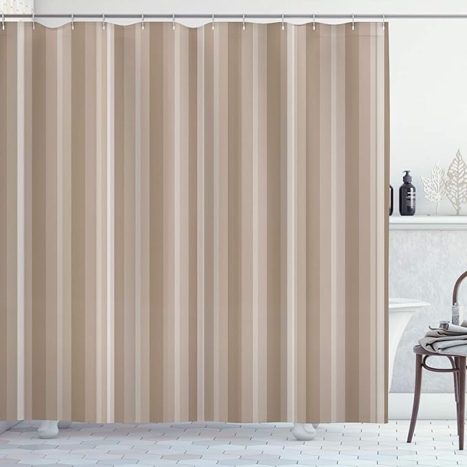 Ambesonne Stripes Shower Curtain, Abstract Ocean Inspired Palette Lines Geometrical Image Illustration, Cloth Fabric Bathroom Decor Set with Hooks, 70" Long, Pale Camel