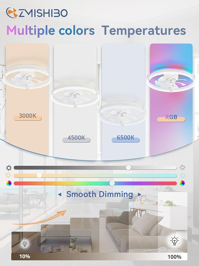 ZMISHIBO RGB Ceiling Fans with Lights and Remote, 20 inch Low Profile Ceiling Fan with Light, 3000K-6000K Dimmable & RGB, Modern Fandelier Flush Mount Ceiling Fan, Small LED Fan for Bedroom