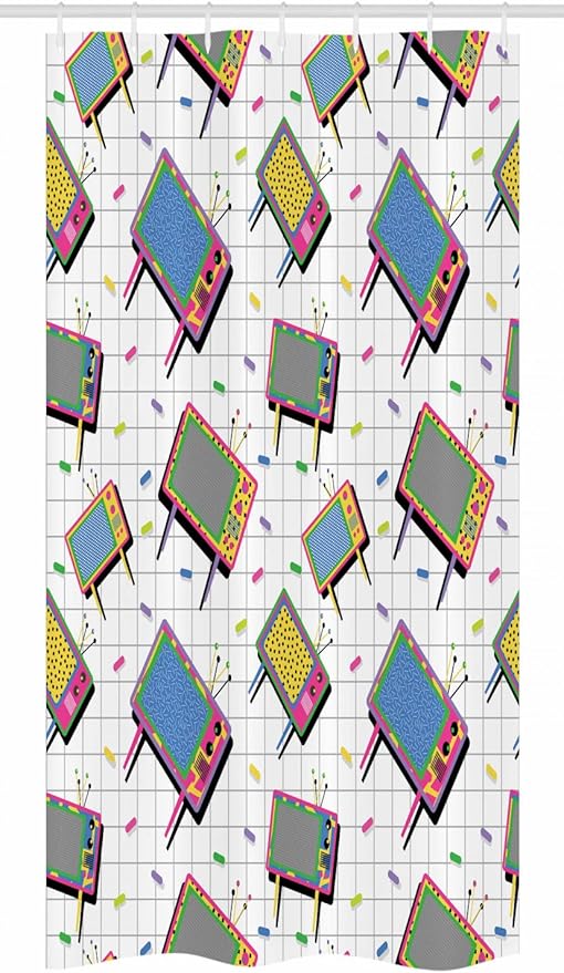 Ambesonne Vintage Stall Shower Curtain, Funny Retro Modern 80s Memphis Neon Color TV Background Cartoon Style Design, Fabric Bathroom Decor Set with Hooks, 36" W x 72" L, Grey Aqua