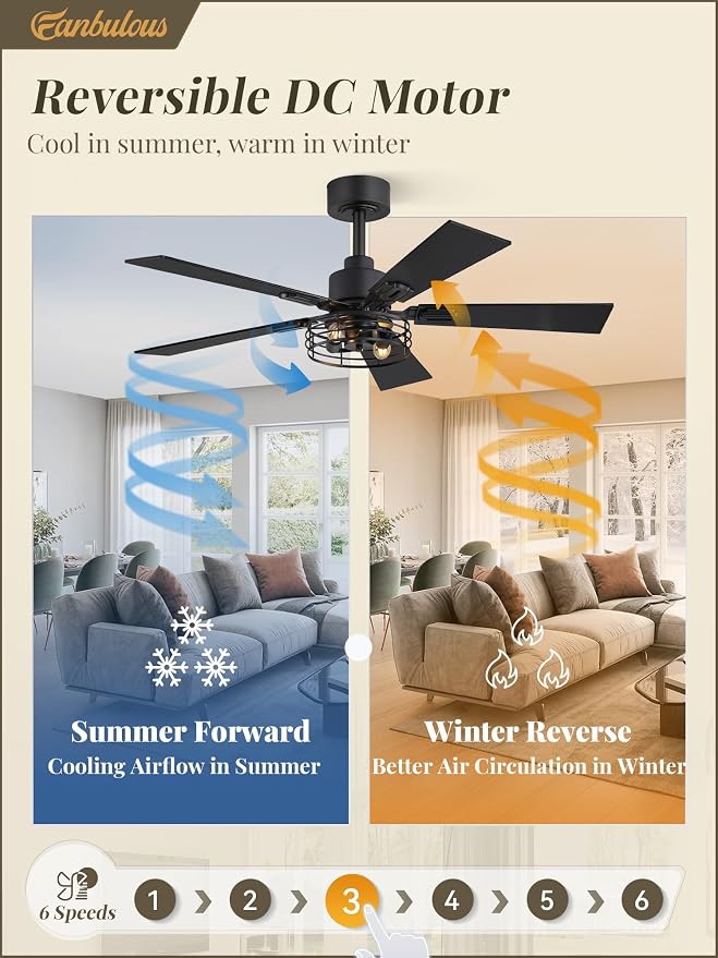 Fanbulous 1 Pack Farmhouse 42 Inch Ceiling Fans with Lights, Black Industrial Caged Ceiling Fans for Bedroom Living Room, Double-Sided 5 Blades Rustic Ceiling Fan