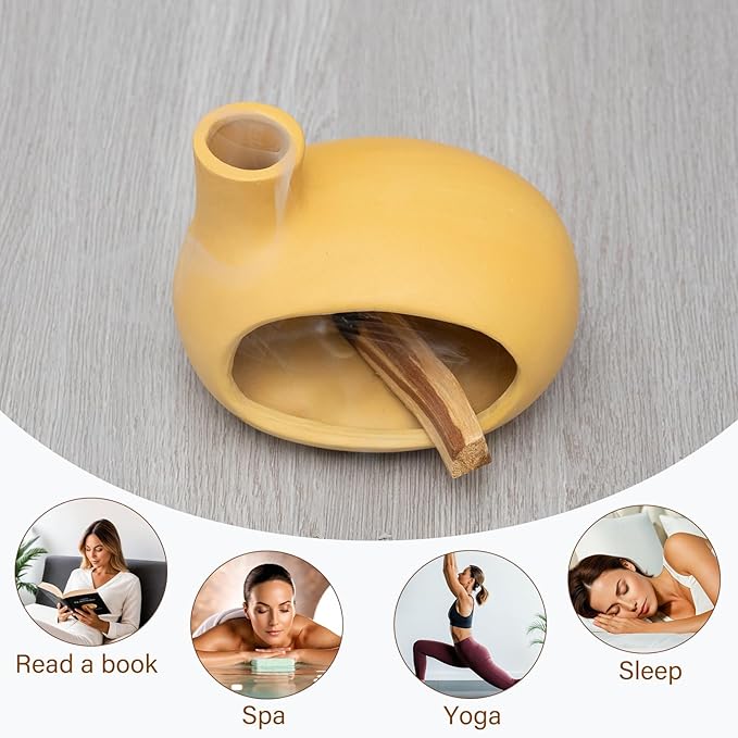 MOUGIGI Yellow Palo Santo Holder with Chimney–Mini Fireplace Incense Burner for Sage Burning, Wood Sticks, Cones&Tealights-Handcrafted Ceramic Smudge Bowl,Aromatic Incense Burner-Yoga Meditation Gift