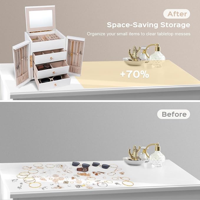 Dajasan Large Jewelry Box Organizer, Jewelry Storage Organizer with 3 Drawers, Huge Jewelry Box with Mirror for Women Girls, Double Door, Textured PU Leather, Gift Idea, Stylish (White + Gold)