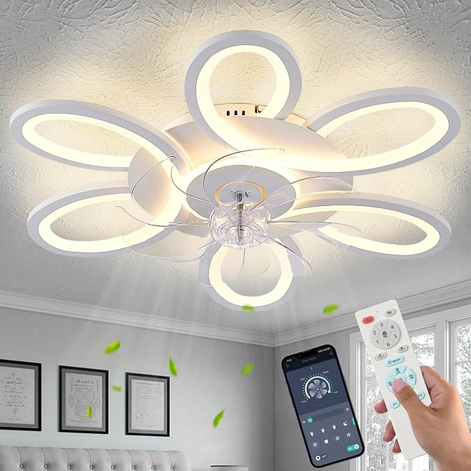 Ceiling Fans with Lights and Remote, 25 Inch Modern Low Profile Flush Mount Ceiling Fan, Dimmable LED Ceiling Light Fixture, Small Ceiling Fans for Bedroom, Kitchen, Indoor-White
