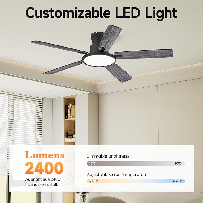 Ceiling Fans With Lights,52 Inch Smart Ceiling Fan, Remote/App Control, Compatible with Alexa/Google Assistant,Reversible,Dimmable,Adjustable Color Temperature,6 Speeds,Timer(Gray)