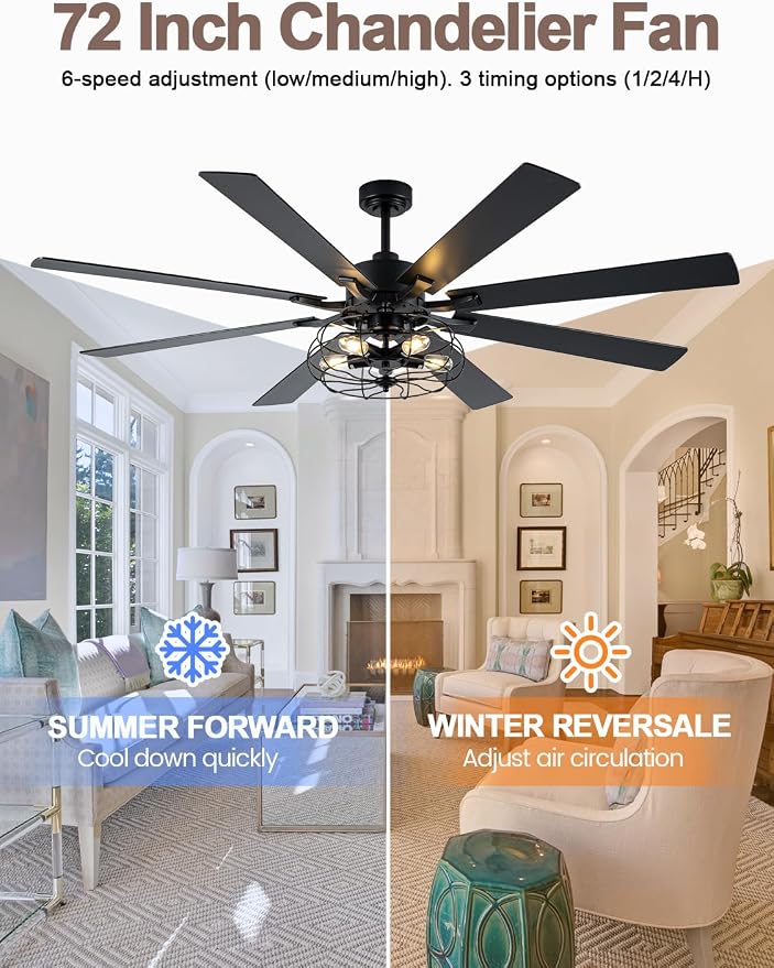 72 Inch Industrial Farmhouse Ceiling Fan with Lights and Remote, Black Vintage Caged Chandelier Ceiling Fan with 5 Reversible Wooden Blades for Dining Room Living Room Bedroom