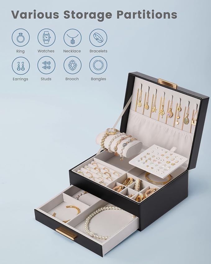 Lolalet 2-Layer Jewelry Box Organizer Holder for Women Girls Mom -Black | Jewelry Storage Case with Drawers for Necklaces Ring Earrings Bracelet Watch, Gifts Choice for Mom Mother’s Day