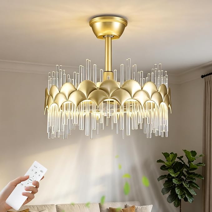 Depuley Bedroom Ceiling Fan with Lights: 20" Gold Chandelier Cagd Fan with Remote Control - Modern Crystal Fandelier for Girl's Bedroom Living Room Nursery