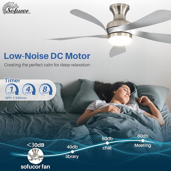Sofucor Smart 42'' Low Profile Ceiling Fan with Lights and Remote, Flush Mount Ceiling Fan Work with APP/Alexa/Google for Modern Bedroom Living Room Patio, Dimmable LED Quiet Reversible DC Motor