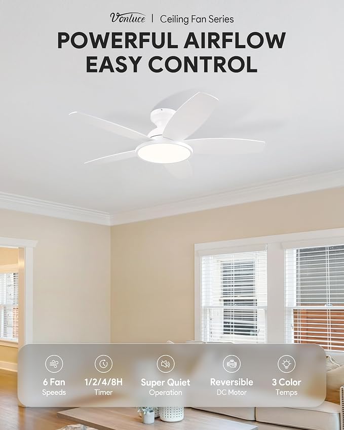 VONLUCE Ceiling Fans with Lights, 42 Inch Ceiling Fan and Remote, Full-spectrum LED Light, 3CCT, 6-Speeds Noiseless Reversible DC Motor, Modern Flush Mount Ceiling Fan for Farmhouse Bedroom Indoor