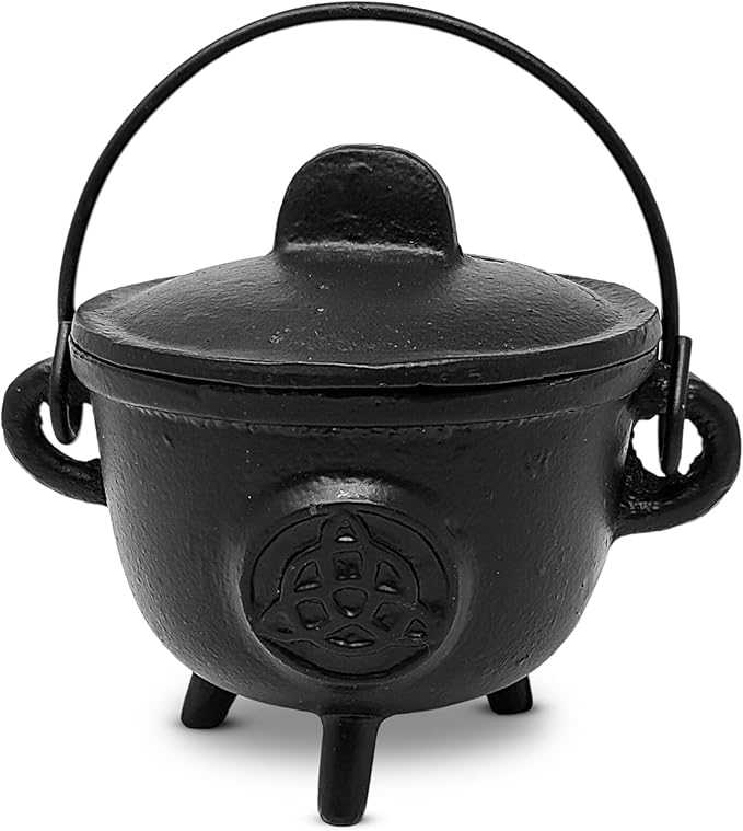 New Age Imports, Inc. Triquetra Cast Iron Cauldron w/Handle & lid, Ideal for smudging, Incense Burning, Ritual Purpose, Decoration, Halloween Decoration, Candle Holder, etc. (Triquetra - BR96)