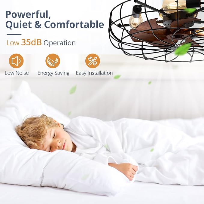 LEDIARY 26" Large Caged Ceiling Fans with Lights and Remote, Flush Mount Bladeless Low Profile, Farmhouse Industrial Enclosed Ceiling Fan for Bedroom, Kitchen, Indoor