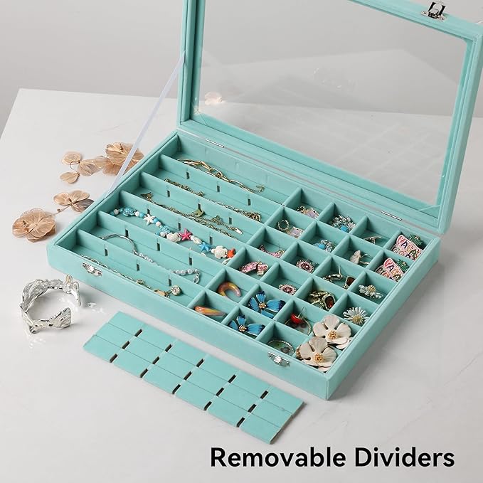Frebeauty 48 Grid Earring Organizer,Velvet Jewelry Tray with Clear Lid | Drawer Jewelry Organizer for Rings Studs Beads,Adjustable Dividers,Dustproof,Earring Storage,Trinket Box,13.8×9.5Inches