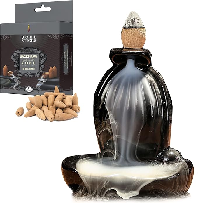 SOUL STICKS Backflow Incense Holder Burner Waterfall Fountain for Home, Office, Yoga, Room Decor & Aromatherapy with 1 Pack of 10 Backflow Fragrance Cones Included (Serenity)