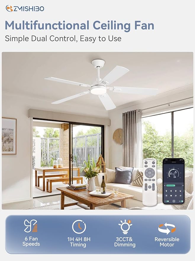 ZMISHIBO 52" Ceiling Fans with Lights, White Modern Ceiling Fan with Remote & App Control, bedroom Indoor Ceiling Fan with Dual Finish Blades, Quiet & Strong Motor, 24W Dimmable Bright LED Light.