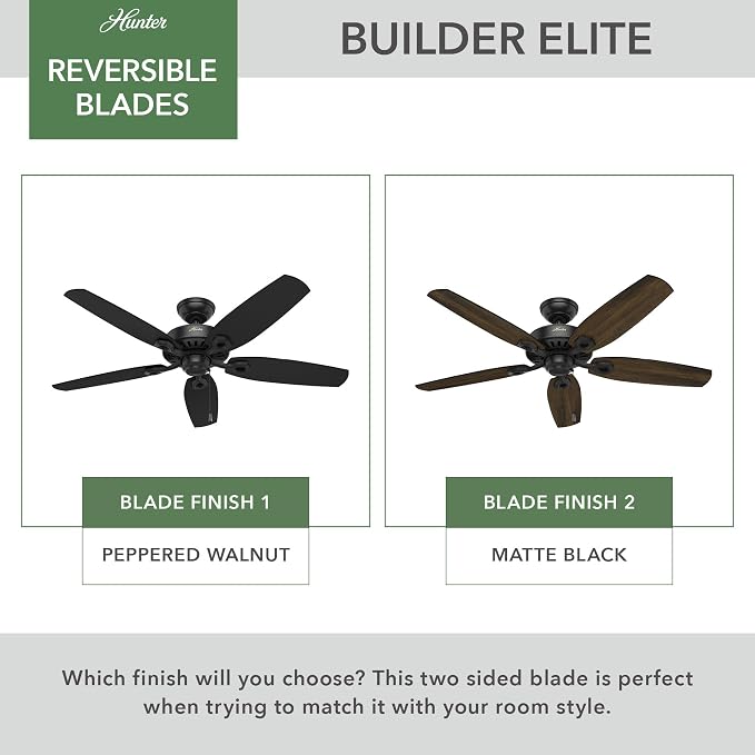 Hunter 52 inch Indoor Ceiling Fan No Light with Pull Chain - Black Ceiling Fan without Light, Standard Mount, 5 Blades, For Bedroom, Living Room, or Kitchen - Builder Elite 53243, Matte Black | Standard Mount, Pull Chain, 5 Blades, For Bedroom, Living ...
