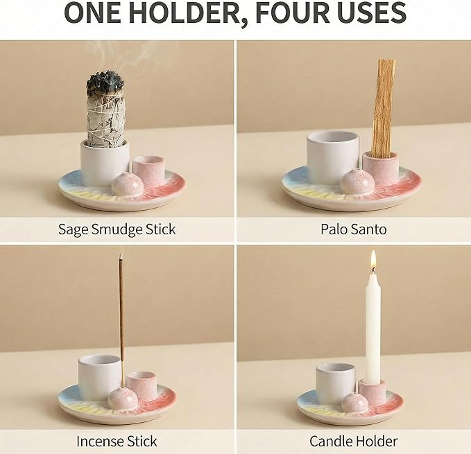Palo Santo Sticks Holder, Multi-Purpose Handmade Ceramic Incense Burner for Palo Santo Incense Sticks, Sage Holder for Burning, Ash Catcher Tray for Meditation Yoga Room-4 Mixed Colors