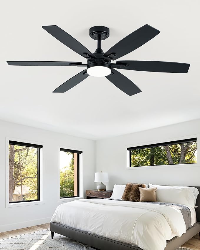 Coolwind 52" Ceiling Fan with Light, Black 6 Double-Side Blades and App/Display Remote Control, 6 Speed Reversible DC Motor, 3CCT Dimmable Led Flush Mount Ceiling Fan for Bedroom Indoor/Outdoor Use