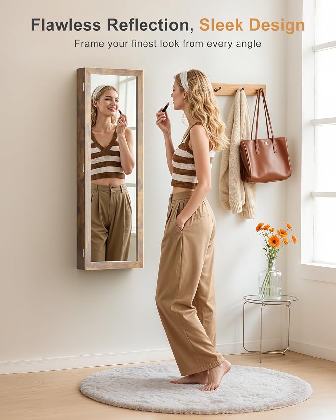 Nicetree 6 LEDs Mirror Jewelry Cabinet, Wall/Door Mounted,Rustic Brown | Lockable Mirror with Jewelry Storage, Over the Door Jewelry Organizer, Gift Idea, Easy Assembly, Auto-on Light