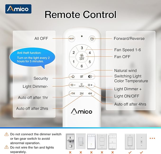 Amico Ceiling Fans with Lights, 52 inch Smart Ceiling Fan with Remote/APP/Alexa Control, Downrod Mount, Reversible DC Motor, 5 Blades, 6 Speeds, 3CCT, Dimmable, Noiseless, Bedroom, Living Room, White