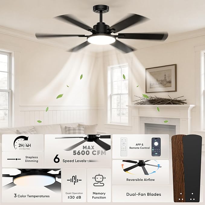 52 Inch Ceiling Fans with Lights, 6 Double Sided Blades, Ultra Quiet Reversible DC Motor, Remote & APP Control, 6 Speeds, 3CCT Dimmable LED with Memory Function, Downrod Mount for Living Room, Black