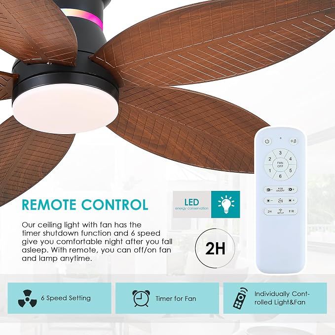 Surtime 46" Ceiling Fans with RGB Lights - Flush Mount Ceiling Fan Light with LED 3CCT Dimmable, Tropical Palm Leaf Ceiling Fans for Indoor Party,Covered Outdoor （Brown）