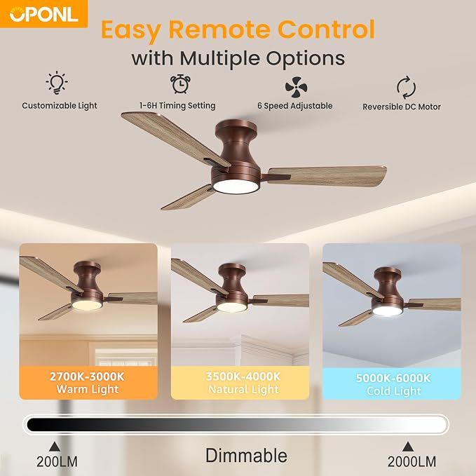 OPONL Ceiling Fan with Light, 42 inch Low Profile Ceiling fan with Light and Remote Control, Reversible, 6CCT, Dimmable, Noiseless, Brown Ceiling Fan for Bedroom, Indoor/Outdoor Use, Modern