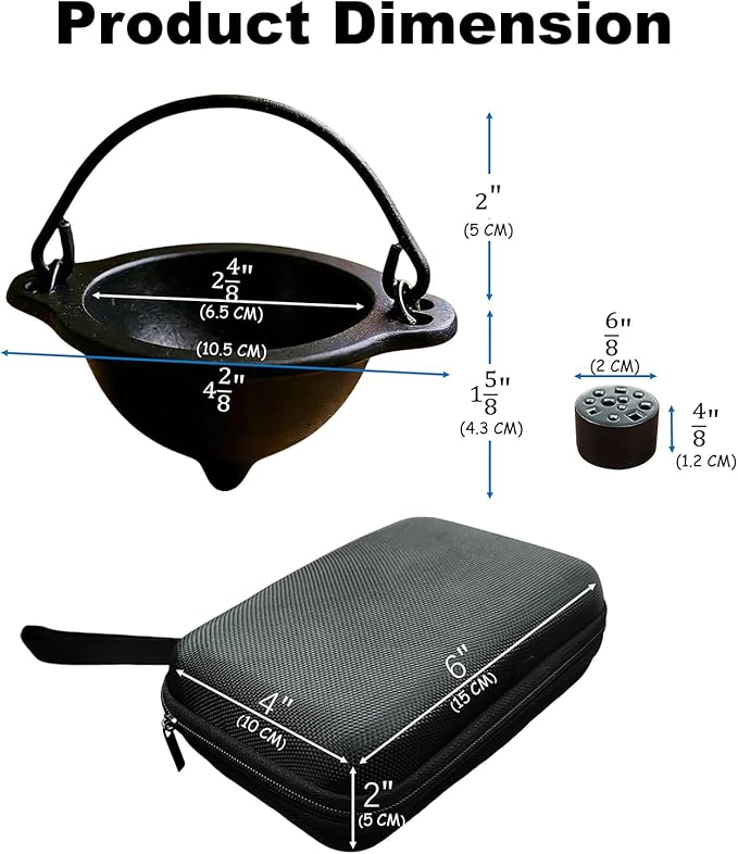 Cast Iron Incense Burner with Travelling Case, 3 Inch Cauldron with Handle and Stick Holder for Smudging, Ritual, Candle, Vintage Home Decor