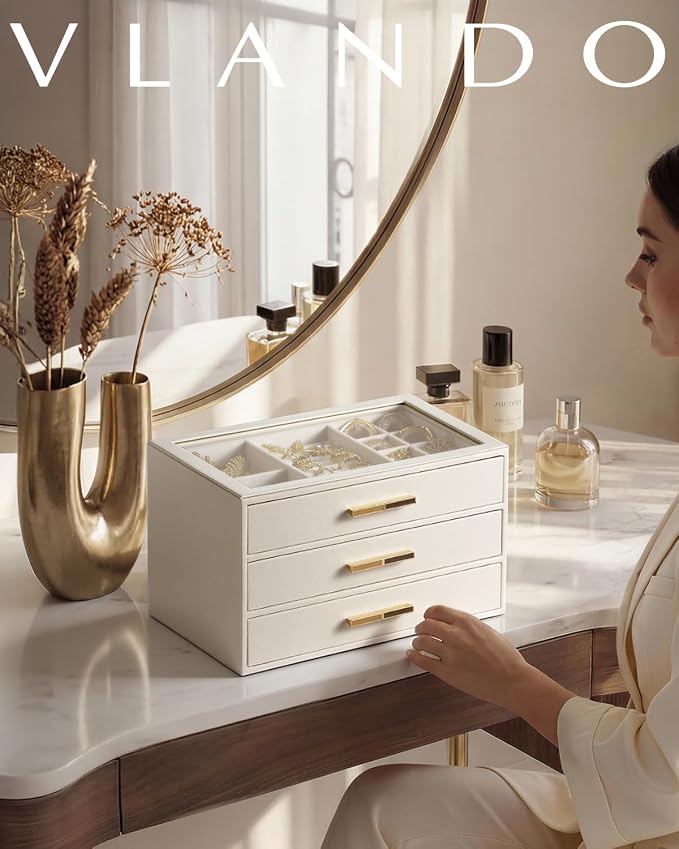 VLANDO Jewelry Box for Women, Glass Lid Jewelry Organizer with 3 Drawers for Necklaces Rings Earrings Bracelets Mother Day Gift for Mom - Cloud White