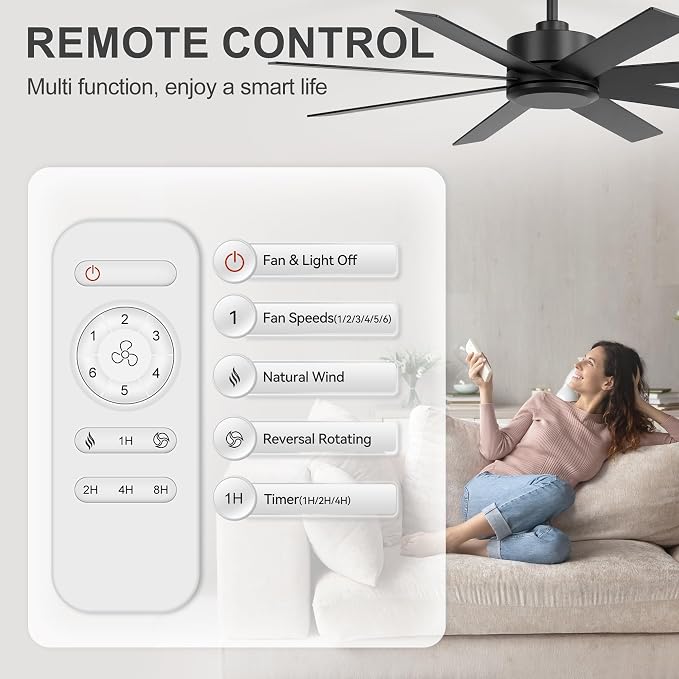 52 Inch Ceiling Fan No Light, Modern Ceiling Fan with Remote Control, Quite DC Motor 8 Reversible Blades Indoor Outdoor Industrial Ceiling Fan without Light For Living Room Bedroom Patio Garage
