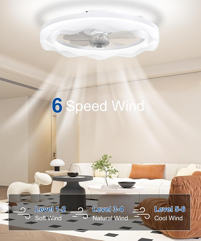 Ceiling Fans with Lights and Remote, 20'' Low Profile Ceiling Fan, 3000K-6500K Dimmable LED Fan Light APP Control, 6 Wind Speeds White Modern Fandelier Flush Mount Ceiling Fans for Bedroom Kids Room