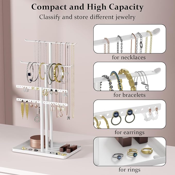 pickpiff Jewelry Stand Organizer, 14.5" Tall Sturdy Metal, 3-TierJewelry Holder for Necklace, Earring, Bracelet, Ring, Hanger for Display and Storage, Aesthetic Room Decor, White