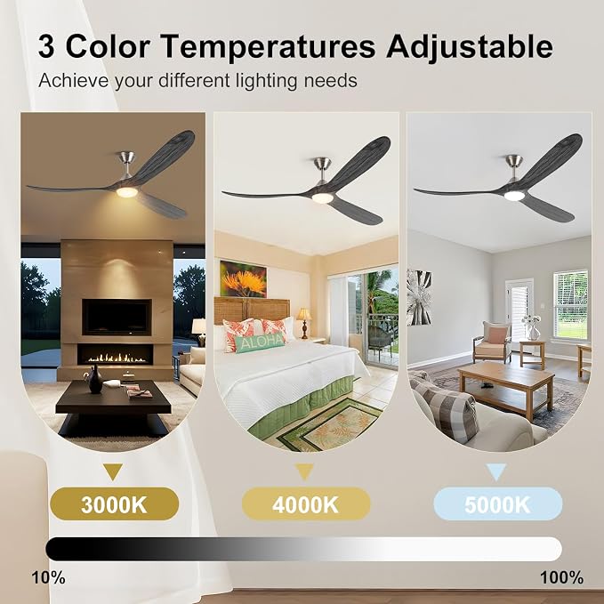 AUNLPB Ceiling Fan with light, 70 inch Outdoor Ceiling Fans for Patio with light Damp Rated, Large Wood Ceiling Fan for Indoor, Extior, Commercial, High CFM Propeller Ceiling Fans, Nickel color+gray