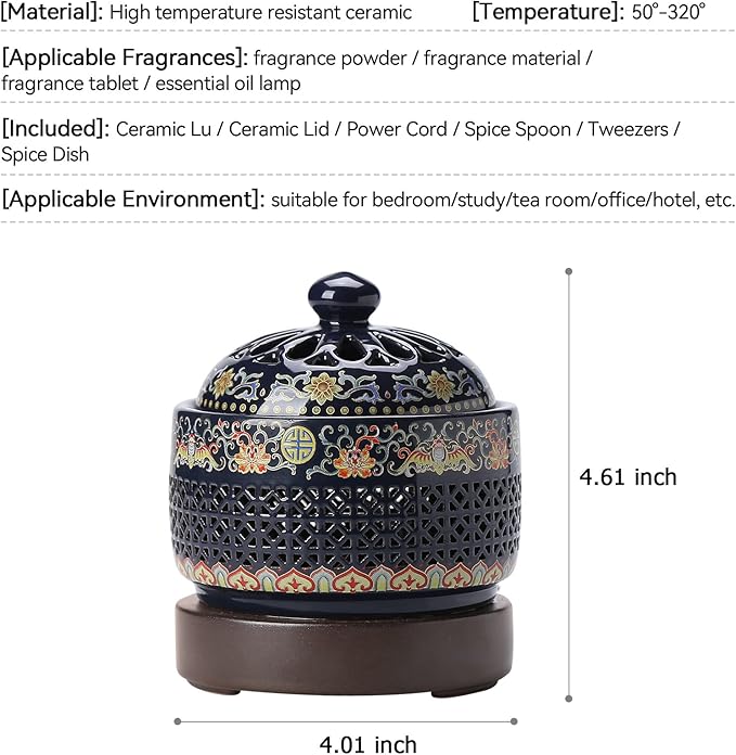Ceramic Holder Electric Incense Burner Enamel Built-in LED Lights Simulate Flames, Classical, Elegant and High-end Hollow Design