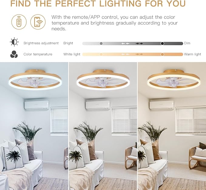 STERREN Modern Gold Ceiling Fans with Lights,20" Dimmable Flush Mount Low Profile Ceiling Fans with Remote Control,Indoor Smart Ceiling Fan with Light for Bedroom