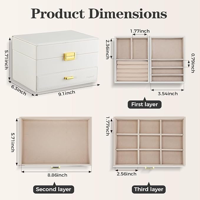 Dajasan Jewelry Organizer Box, Large Jewelry Boxes for Women Girls, Space-Saving 3 Layers Jewelry Storage Case with Drawer, Movable Metal Stand, Modern, Gift Idea (Cloud White + Gold)