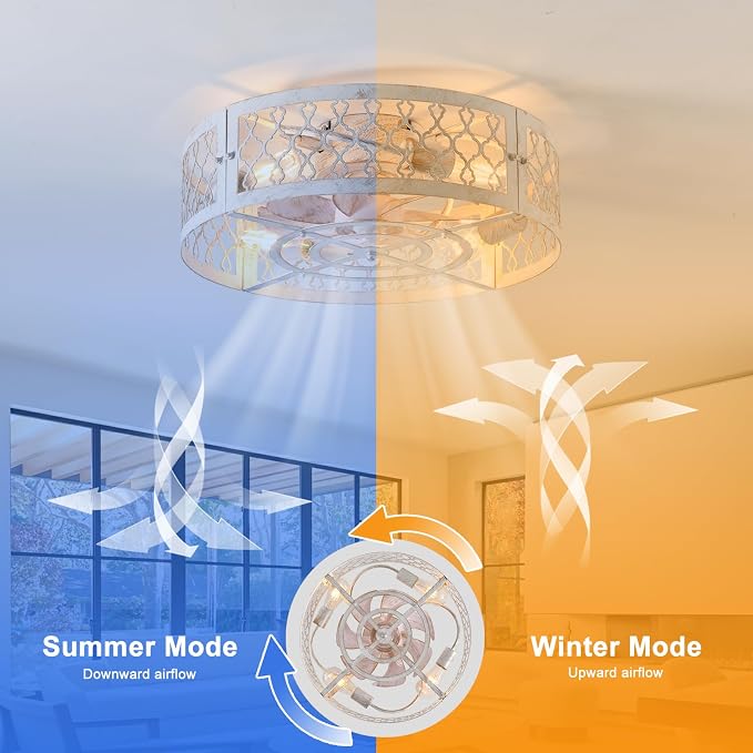 Garwarm Caged Ceiling Fan with Light,20" Flush Mount Ceiling Fan with Remote,Bladeless Low Profile Fandelier Small Ceiling Fans with Lights for Bedroom,Dining Room