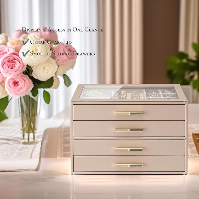 VLANDO 4-Drawer Jewelry Box with Glass Lid, Faux Leather Organizer for Rings Earrings Necklaces and More, Gift-Ready Jewelry Case for Women Girls or Moms, Latte