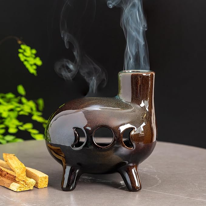 MOUGIGI Handcrafted Ceramic Palo Santo Holder Burner with Green Glaze - Modern Footed Pottery Incense Chimney Dish - Great for Meditation - Wood Sticks, Sage, Ash Catcher Bowl, Cone Compatible.
