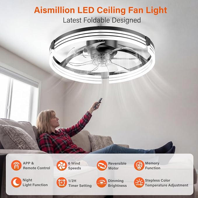 Ceiling Fans with Lights and Remote, 20'' Low Profile Ceiling Fan with APP Control, 3000K-6500K Dimmable, Quiet Reversible DC, Modern Flush Mount Fandelier for Bedroom (Black-Stripe)